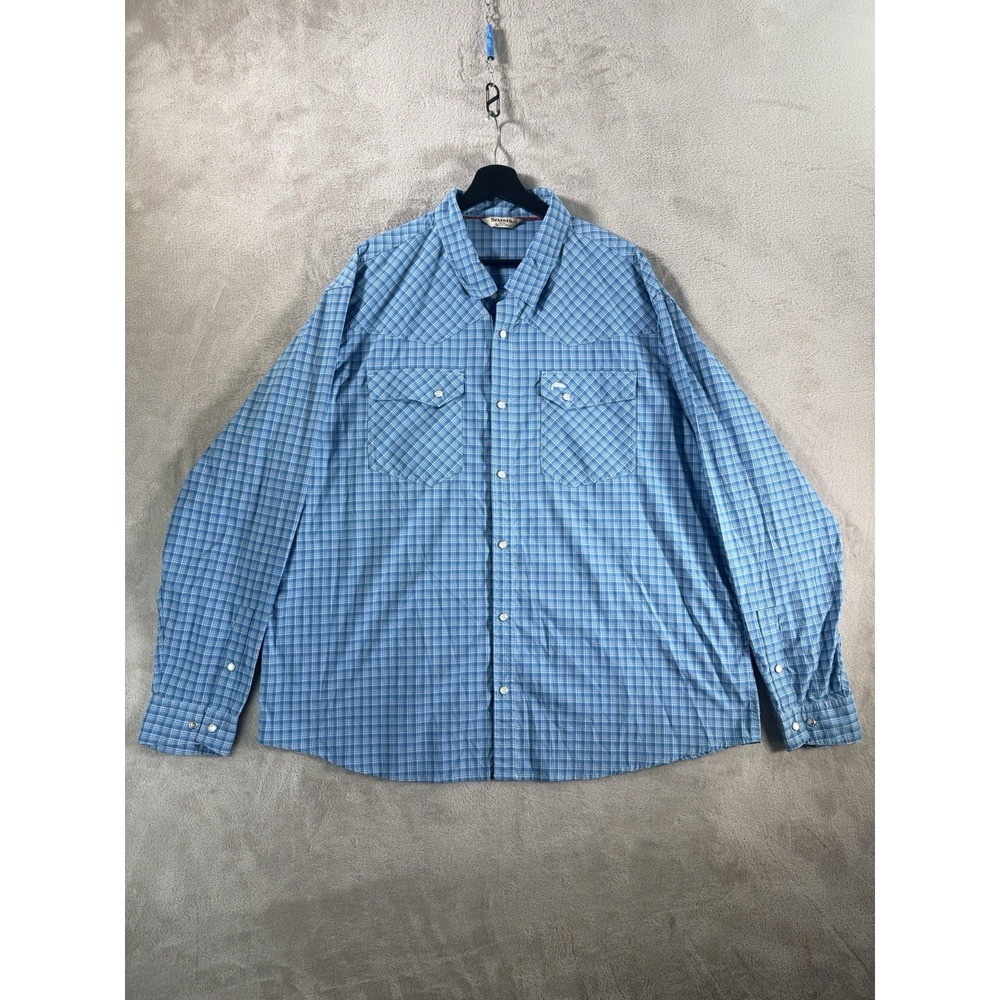 Simms Brackett LS Fishing Shirt Mens XXL Blue Plaid Pearl Snap Western